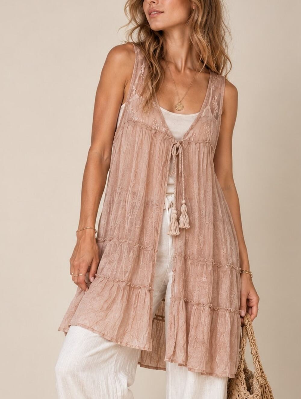Vintage Y2K Womens Sheer Lace Tie Front Top L Beige Boho Cottage Fairy Romantic